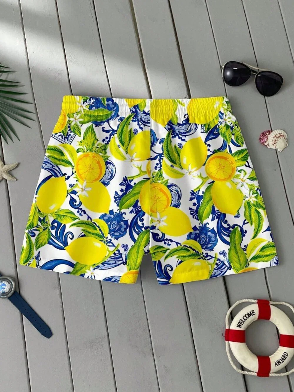 Yellow Tropical Men's Lemon Fruit Mesh Beach Shorts